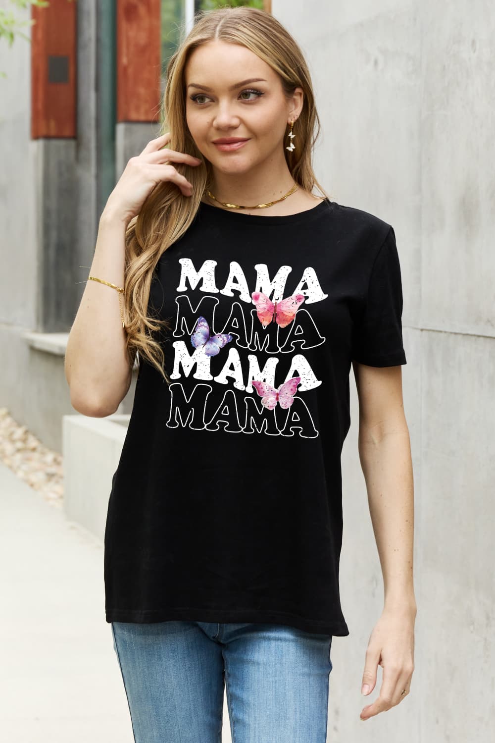 Simply Love MAMA Butterfly Graphic Cotton T-Shirt-Jewearrings