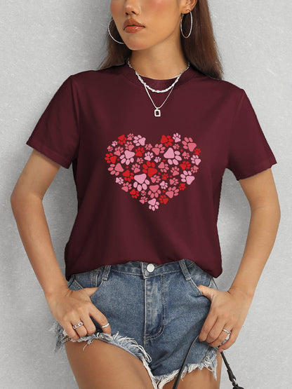 Heart Round Neck Short Sleeve T-Shirt-Jewearrings