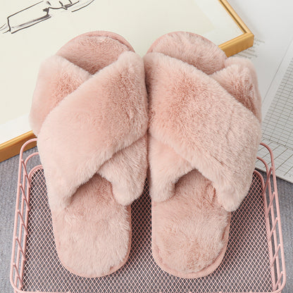 Faux Fur Crisscross Strap Slippers-Jewearrings