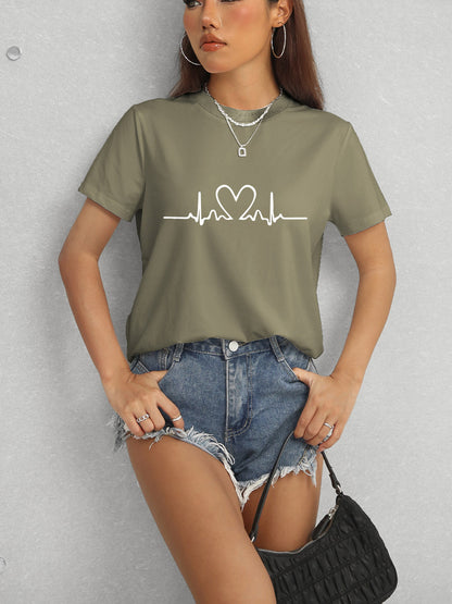 Heart Round Neck Short Sleeve T-Shirt-Jewearrings