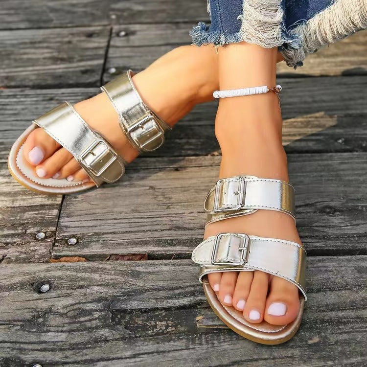 Open Toe Double Buckle Sandals-Jewearrings