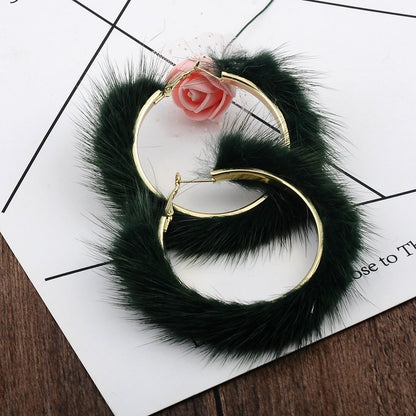 Mink Fur Large Circle Round Ear Hoop Earrings-Jewearrings