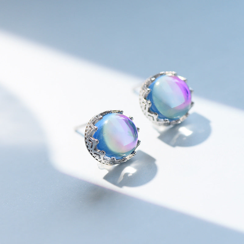 925 Sterling Silver Simple Exquisite Refined Grace Crown Moonstone Stud Earrings-Jewearrings