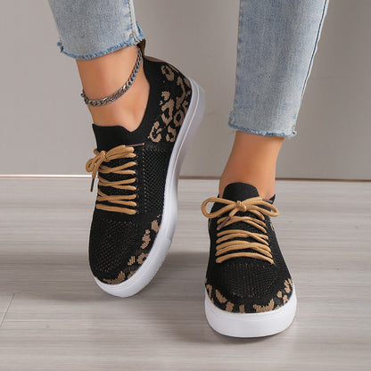 Lace-Up Leopard Flat Sneakers-Jewearrings