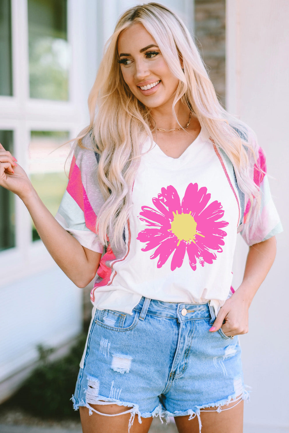 Daisy Graphic V-Neck Half Sleeve T-Shirt-Jewearrings