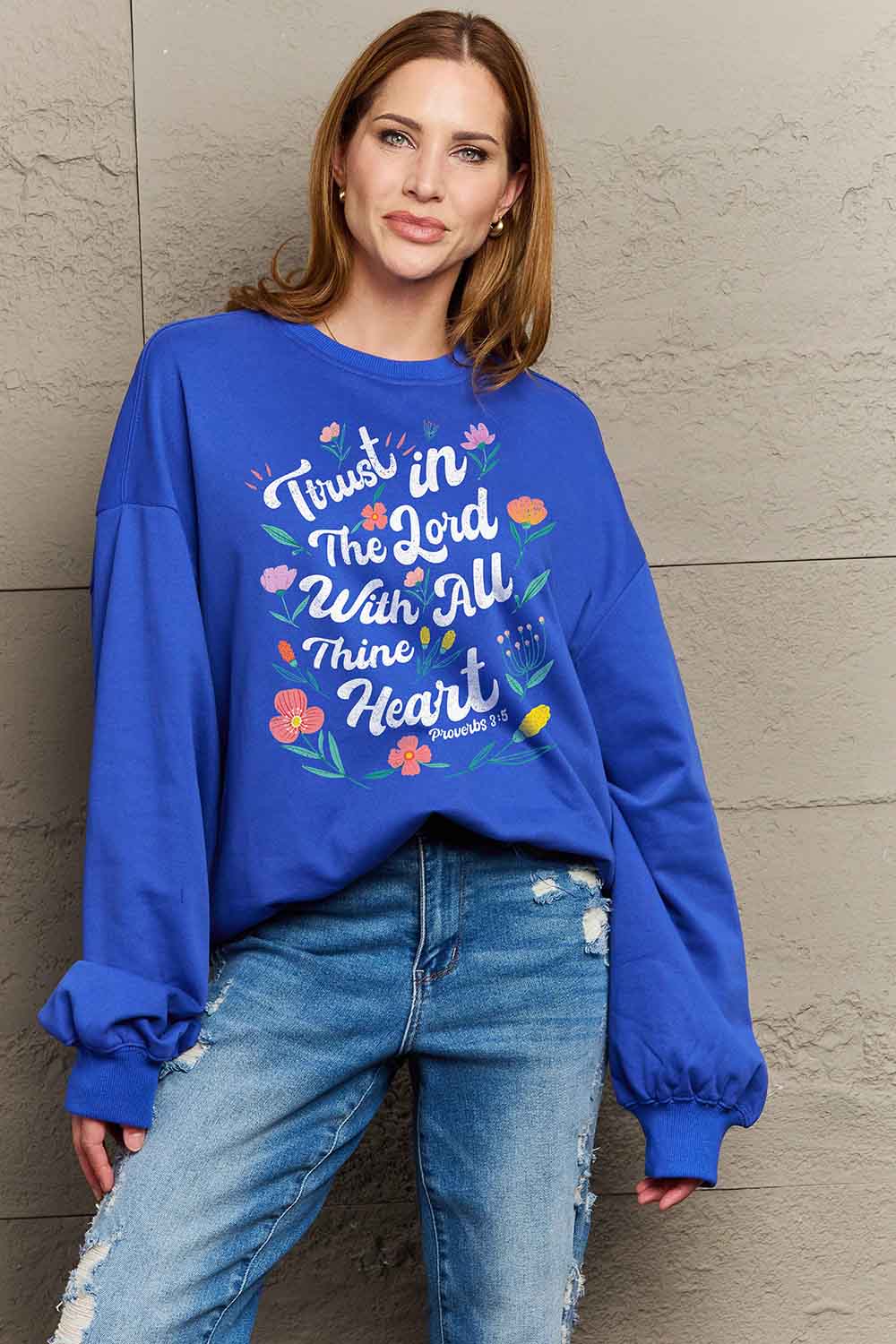 Simply Love Full Size Flower Slogan Graphic Sweatshirt-Jewearrings