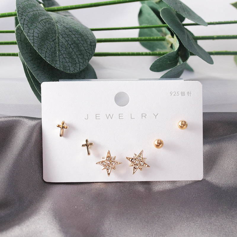 Diamond Gold Small Female Earrings Korean Student Trend Simple Three Pairs Set Earrings-Jewearrings