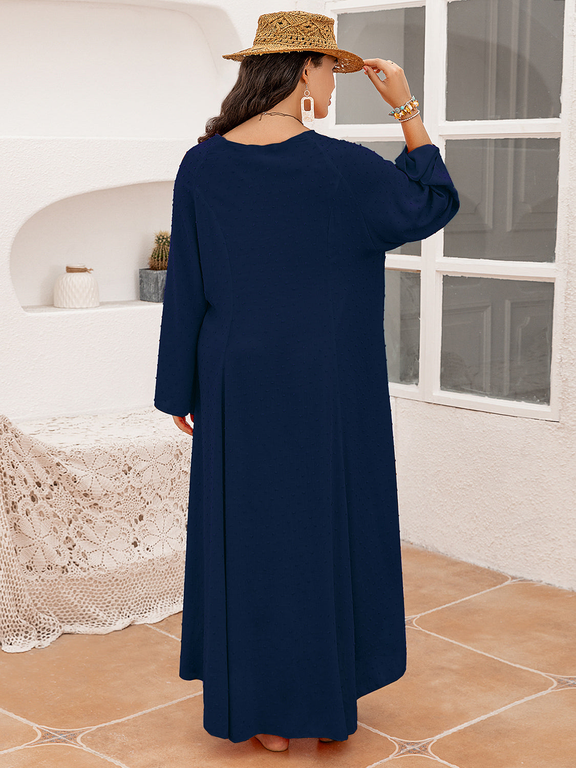 Plus Size Tie Neck Long Sleeve Slit Dress-Jewearrings