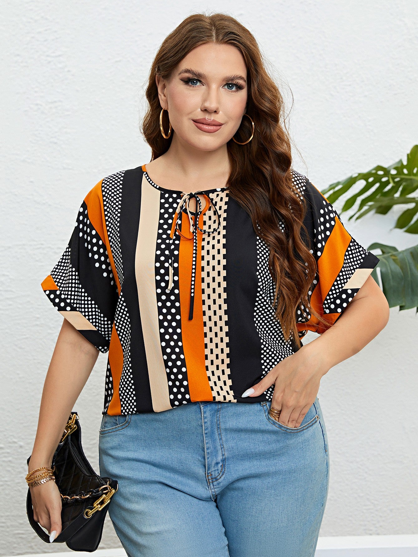 Striped Tie Neck Blouse-Jewearrings