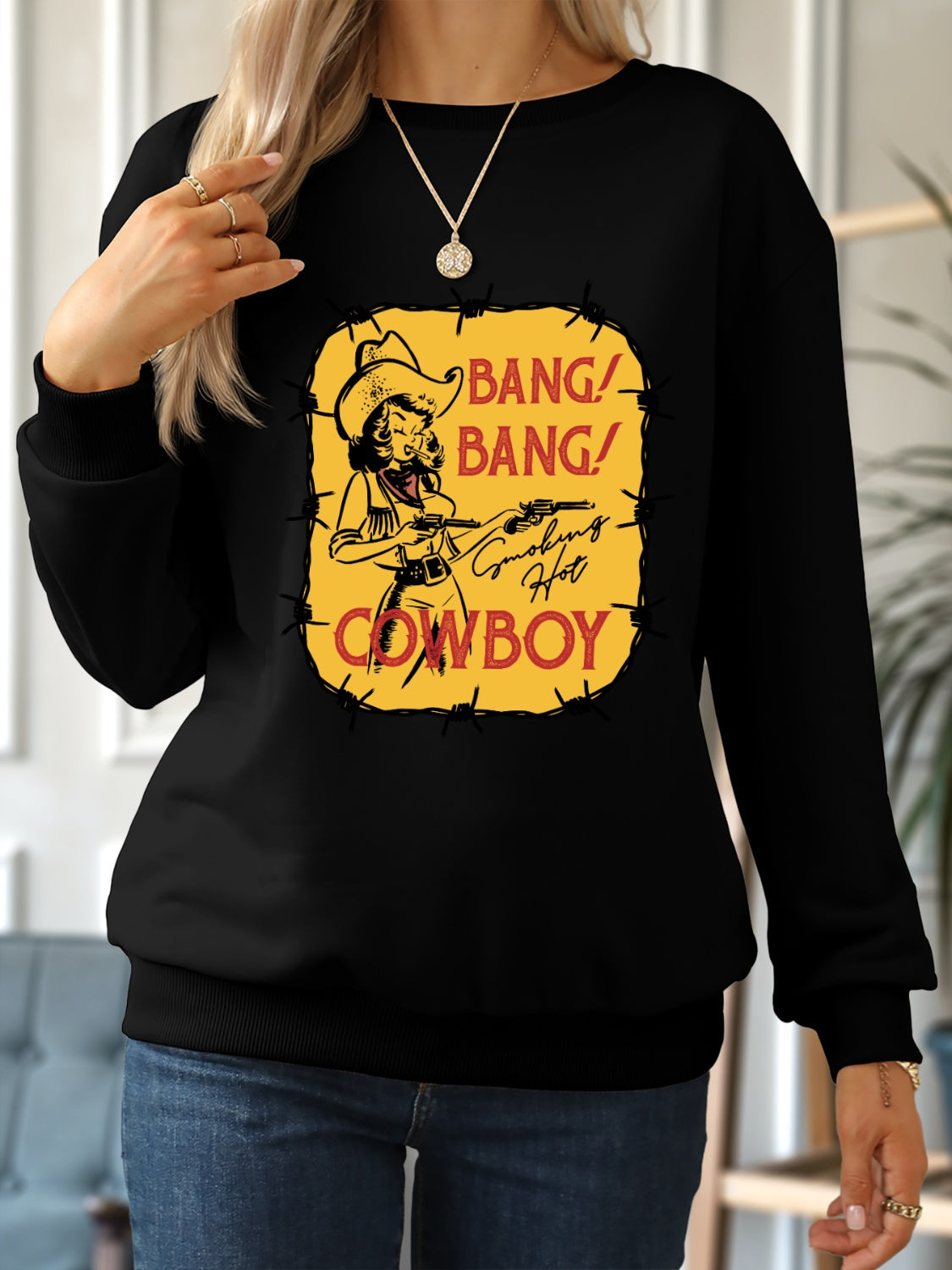 Cowboy Graphic Round Neck Sweatshirt-Jewearrings