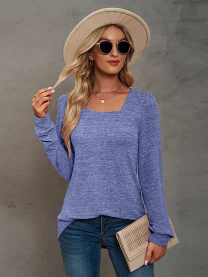 Heathered Square Neck Long Sleeve T-Shirt-Jewearrings