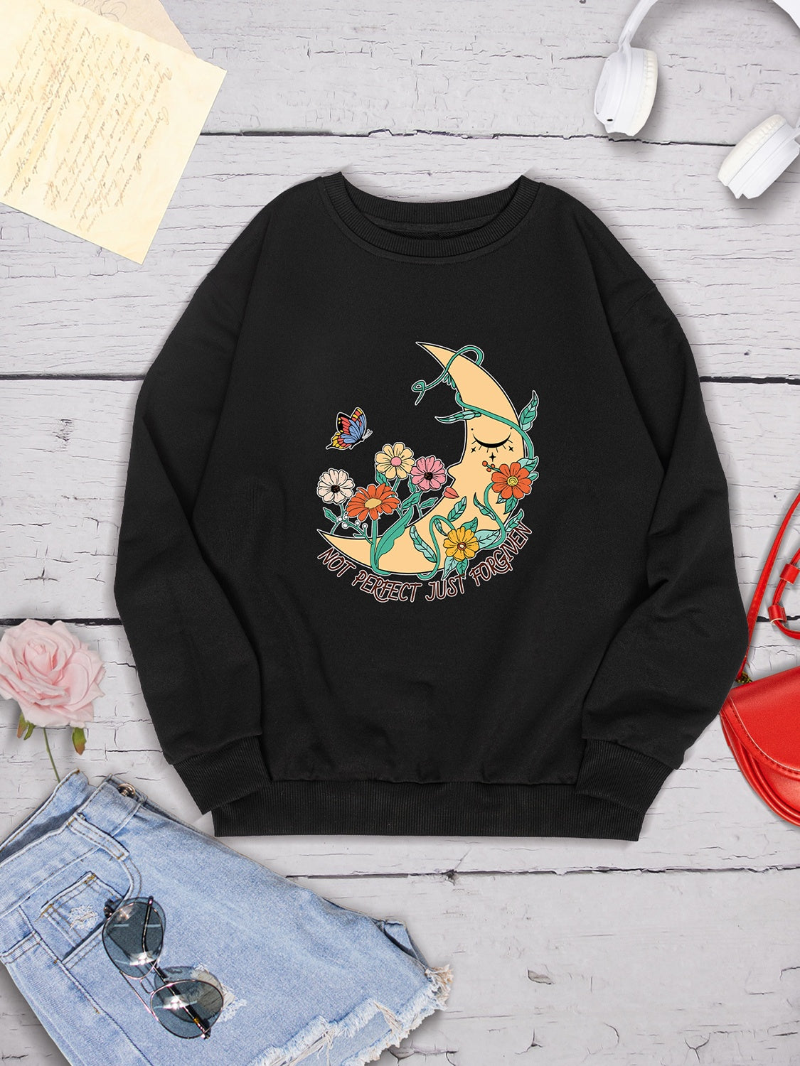 Graphic Round Neck Dropped Shoulder Sweatshirt-Jewearrings