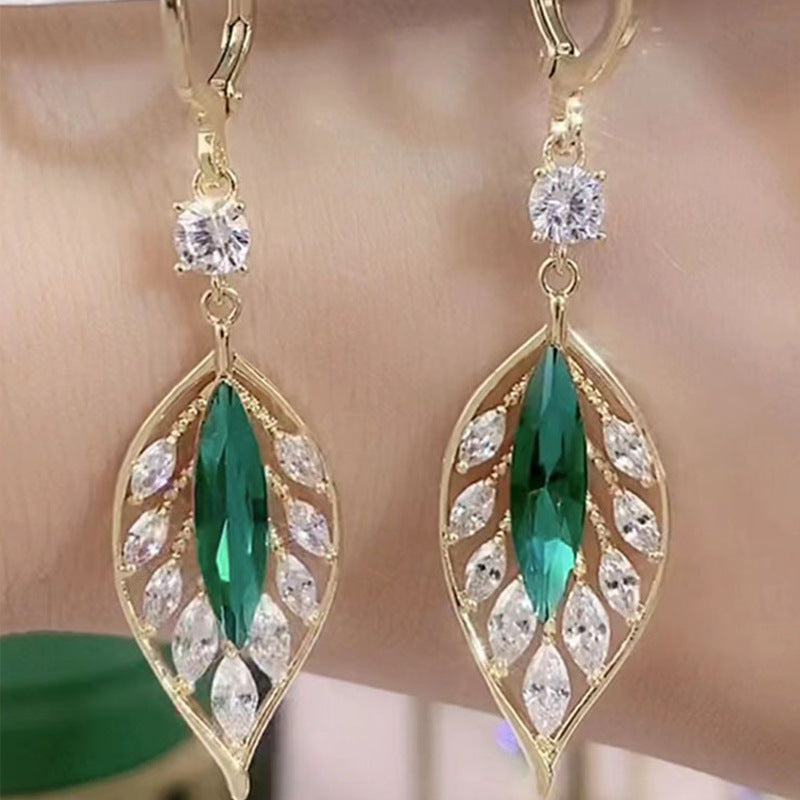 Shining Zircon Green Leaves Ear Clip Trendy Elegant Earrings-Jewearrings