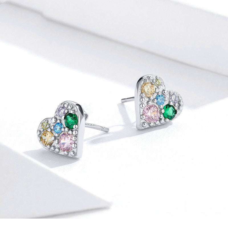 Sterling Silver Stud Earrings Colored Zircon Heart Shaped Personality Earrings-Jewearrings