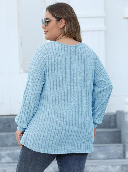 Plus Size Ribbed V-Neck Long Sleeve Top-Jewearrings