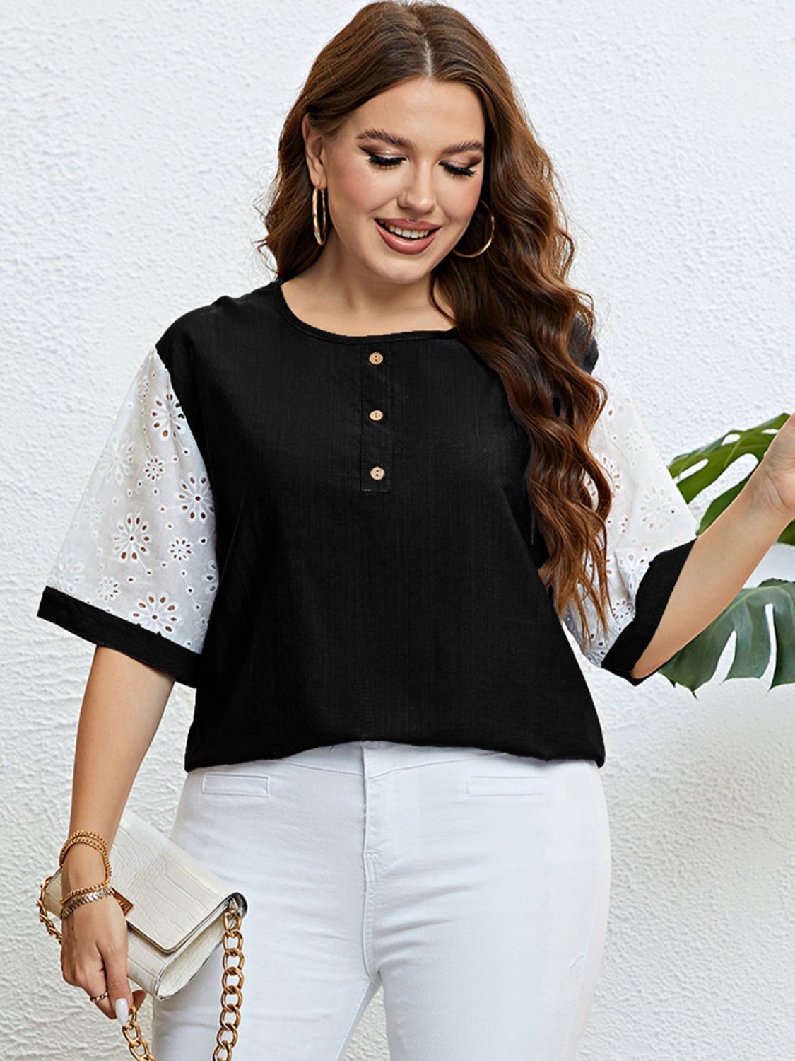 Plus Size Contrast Decorative Button Half Sleeve Top-Jewearrings