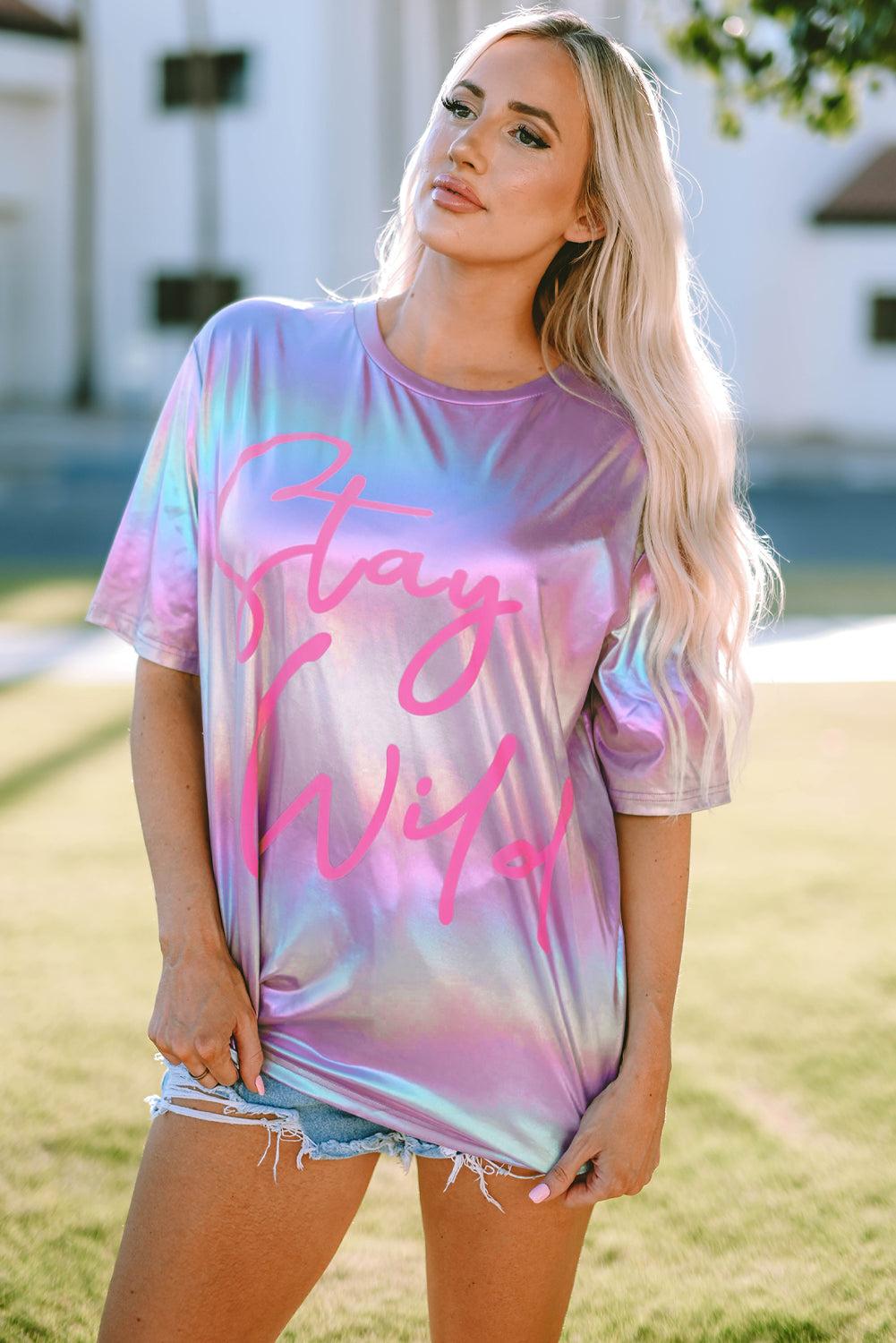 STAY WILD Round Neck Short Sleeve Holographic Tee-Jewearrings