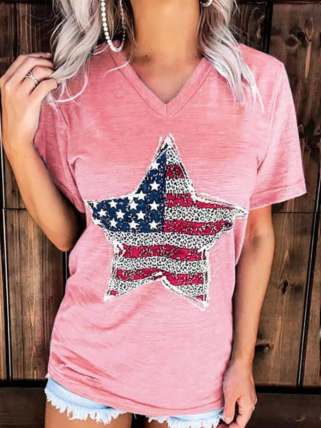 US Flag Graphic V-Neck Short Sleeve T-Shirt-Jewearrings