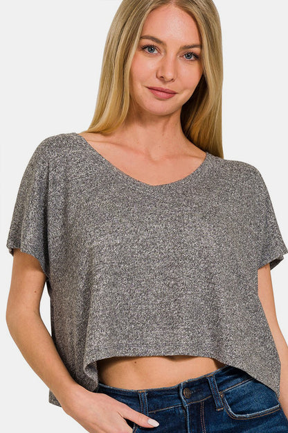 Zenana V-Neck Short Sleeve Cropped T-Shirt-Jewearrings