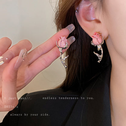 Silver Needle Roses Flower Earrings Rhinestone Tassel Ear Clip-Jewearrings