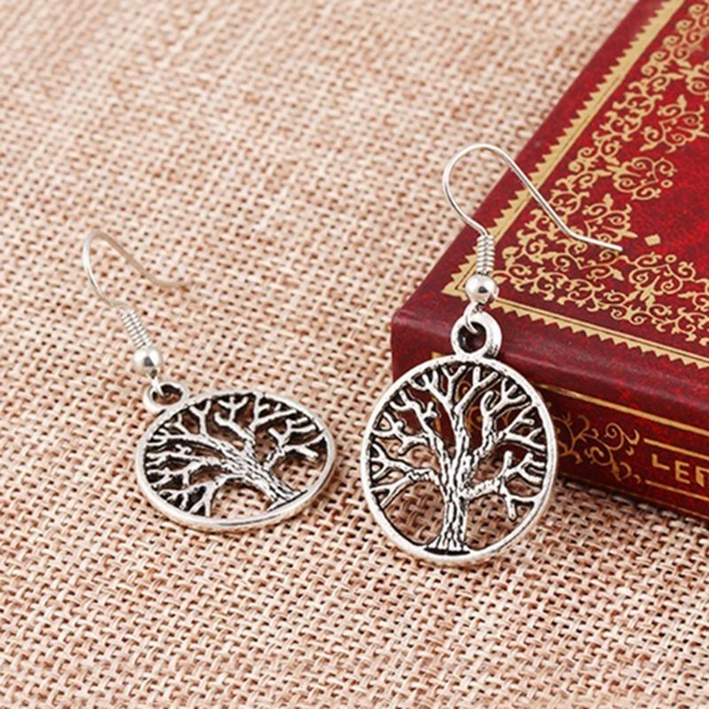 Fashion Natural Stone Tree Of Life Pendulum Pendant Earrings For Women Healing Alloy Round Circle Dangle Earring Party Jewelry-Jewearrings