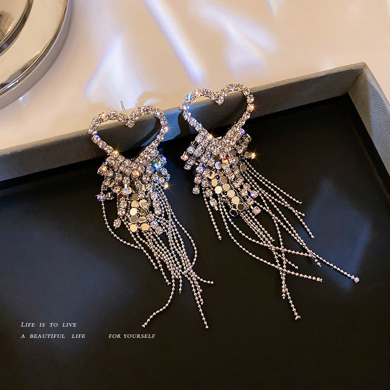 Silver Needle European And American Diamonds Rice Beads Love Tassel Earrings-Jewearrings