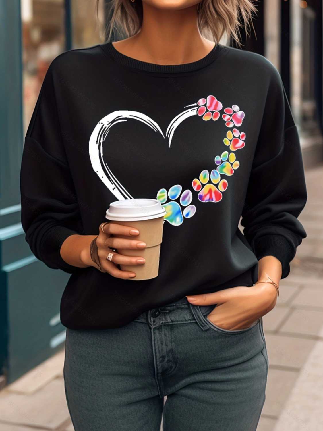 Heart Graphic Round Neck Sweatshirt-Jewearrings