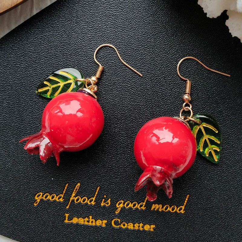 Silver Green Leaf Lovely Pomegranate Streamer Red Earrings-Jewearrings