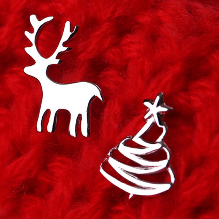 S925 Sterling Silver Earrings Christmas Deer Christmas Tree Asymmetric Earrings-Jewearrings