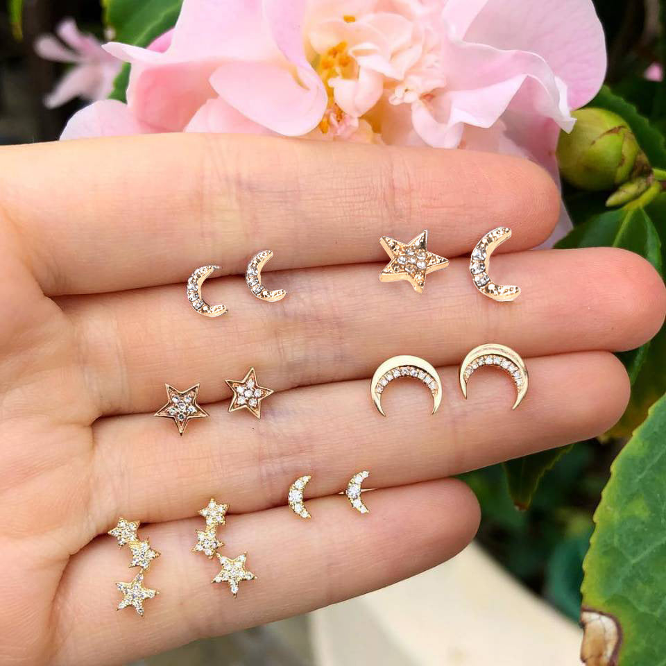 Stars And Moon With Diamonds 6 Pairs Of Stud Earrings-Jewearrings