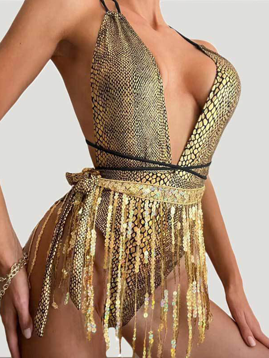 Tied Sequin Plunge One-Piece Swimwear-Jewearrings