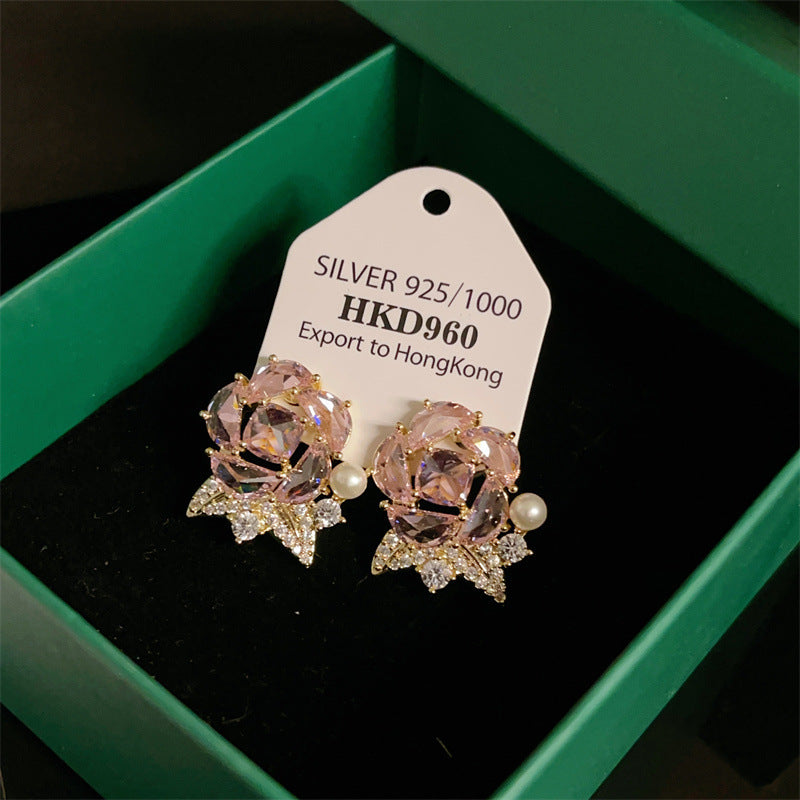 925 Silver Needle Classic Style Copper Micro Inlay Super Glitter Zircon Rose Stud Earrings-Jewearrings