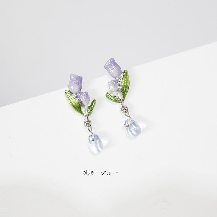 Enamel Dripping Tulip Sterling Silver Needle Earrings-Jewearrings