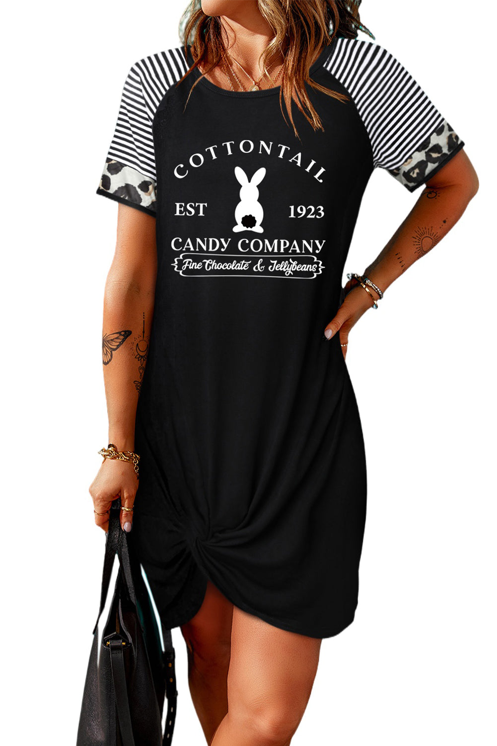 Easter Letter Graphic Mixed Print Twisted T-Shirt Dress-Jewearrings