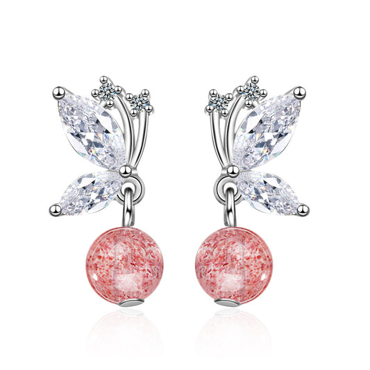 Stud Earrings Women Korean Fashion Sweet Strawberry Crystal Butterfly-Jewearrings