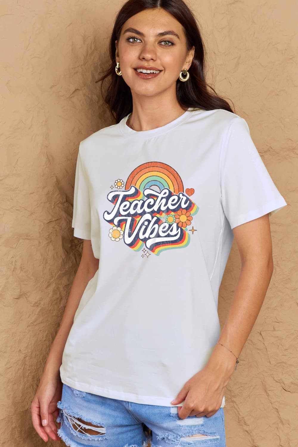 Simply Love Full Size TEACHER VIBES Graphic Cotton T-Shirt-Jewearrings