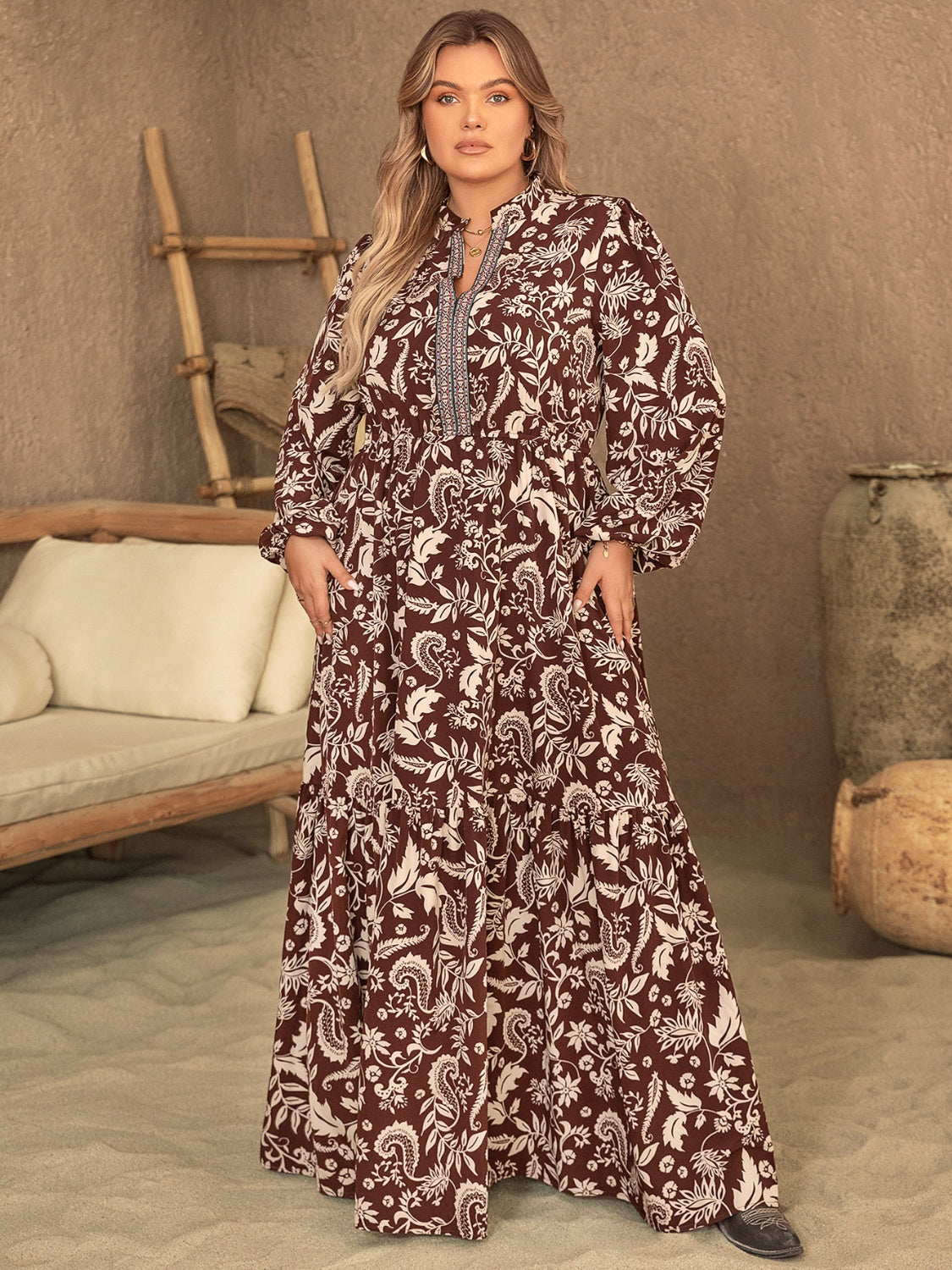 Plus Size Notched Balloon Sleeve Printed Maxi Dress-Jewearrings