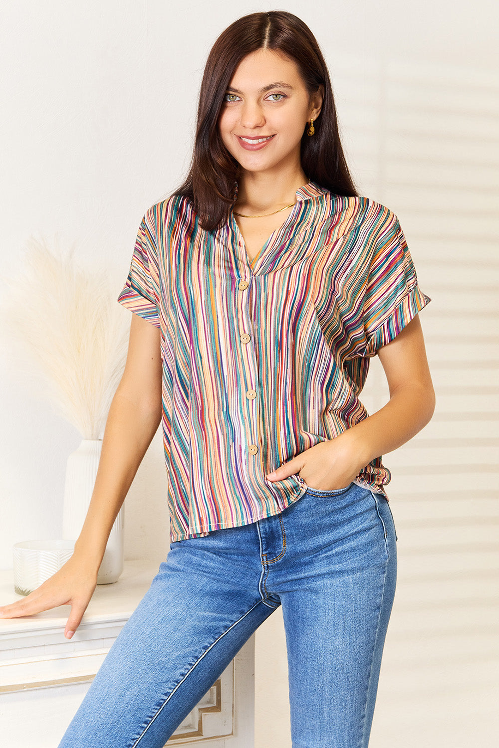 Multicolored Stripe Notched Neck Top-Jewearrings