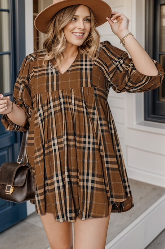 Plus Size Plaid V-Neck Balloon Sleeve Mini Dress-Jewearrings