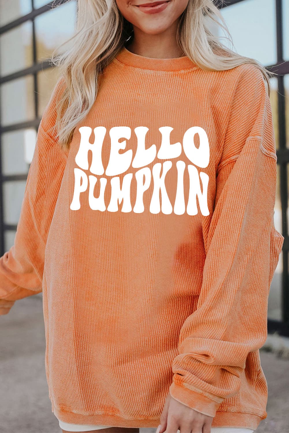 Round Neck Dropped Shoulder HELLO PUMPKIN Graphic Sweatshirt-Jewearrings