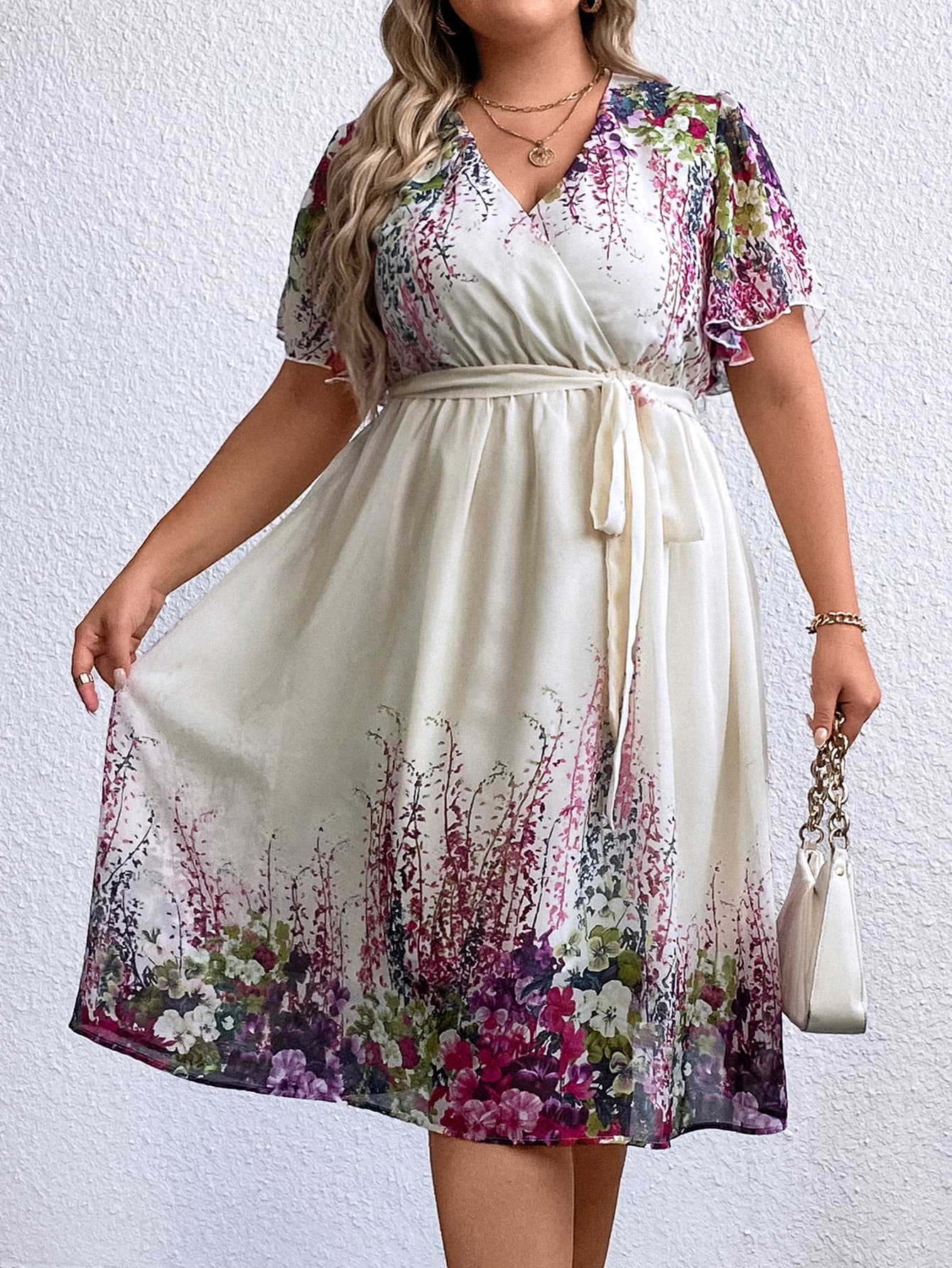 Plus Size Floral Tie Waist Surplice Neck Dress-Jewearrings