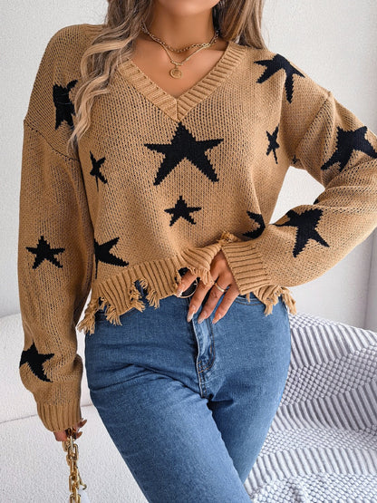 Star Pattern Distressed V-Neck Cropped Sweater-Jewearrings