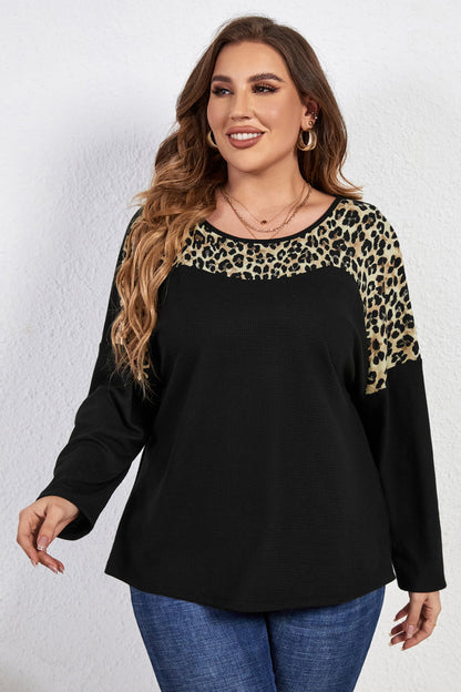 Melo Apparel Plus Size Leopard Trim Round Neck Long Sleeve Tee-Jewearrings