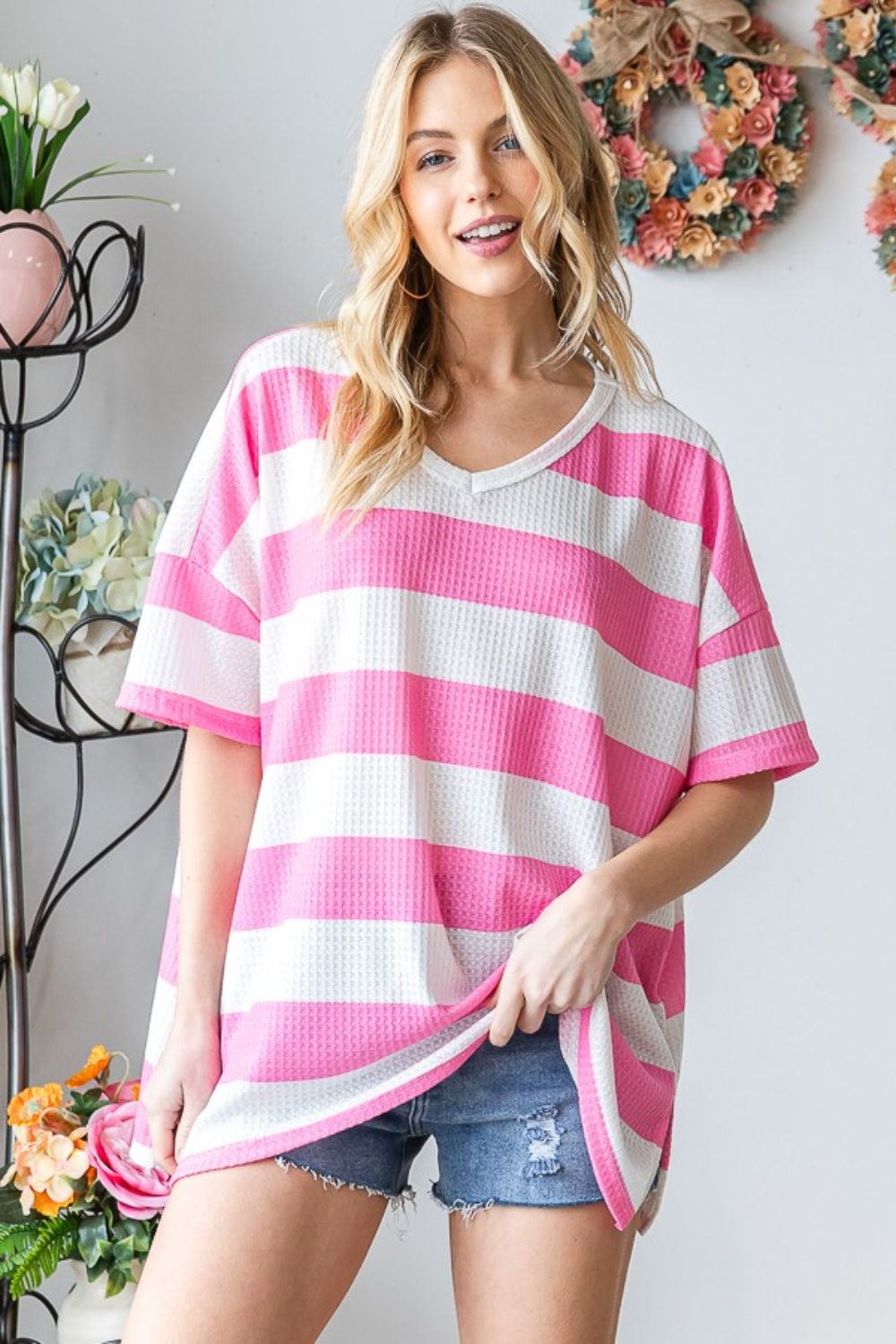 HOPELY Striped Waffle Oversized T-Shirt-Jewearrings