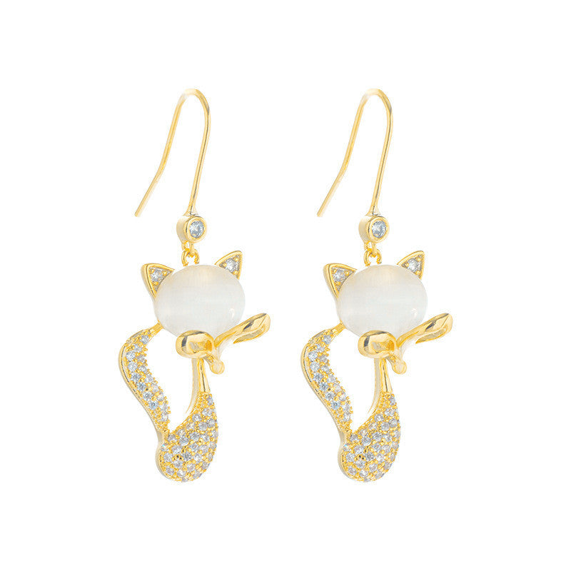 Opal Earrings Female Fox Earrings Sweet Temperament Long Style-Jewearrings