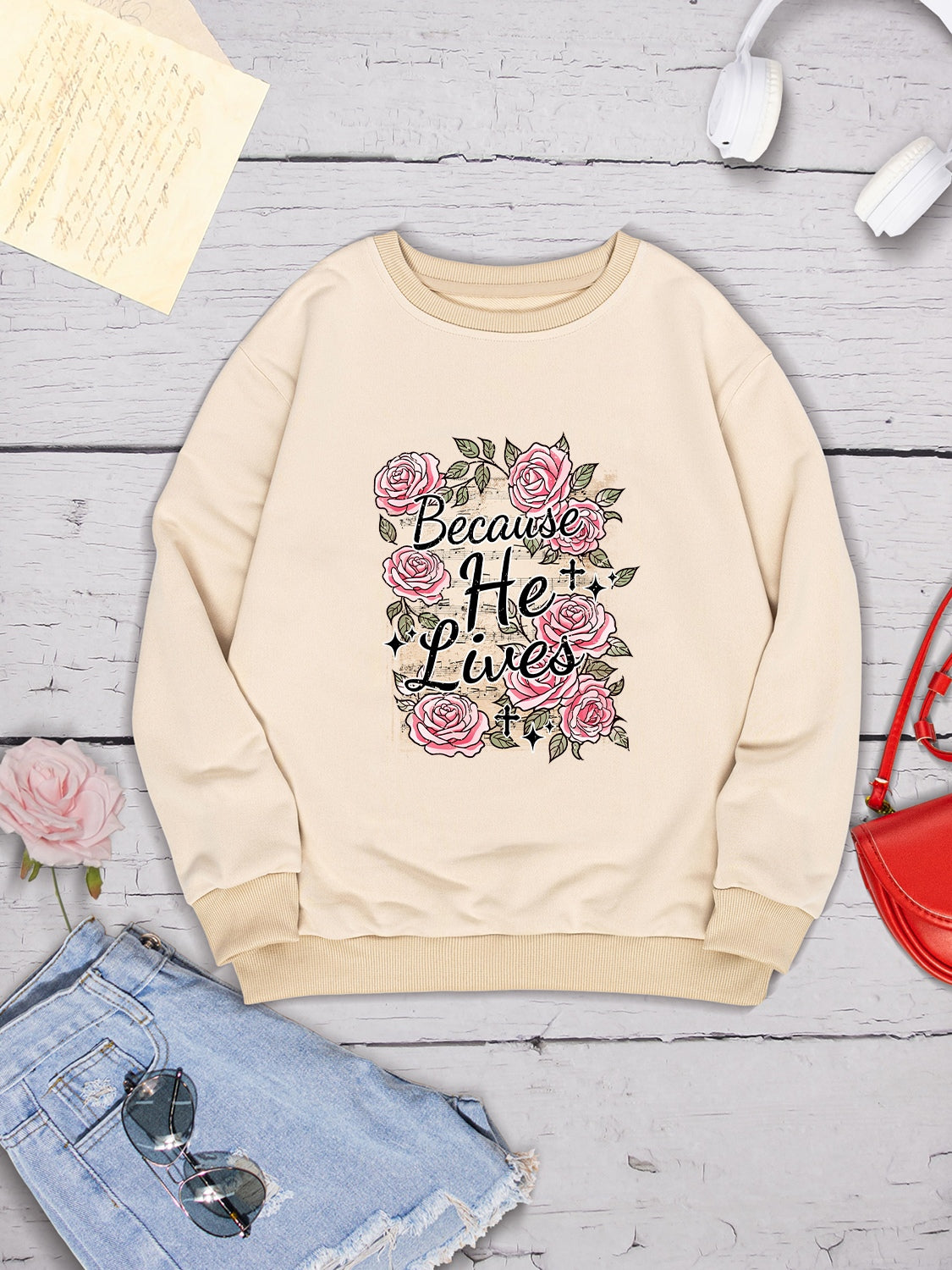 BECAUSE HE LIVES Round Neck Sweatshirt-Jewearrings