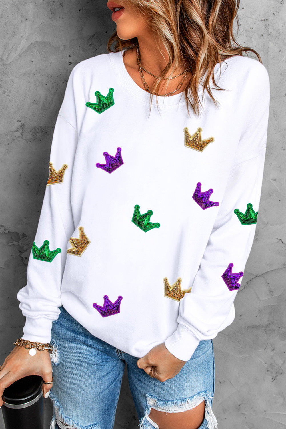 Crown Sequin Round Neck Sweatshirt-Jewearrings