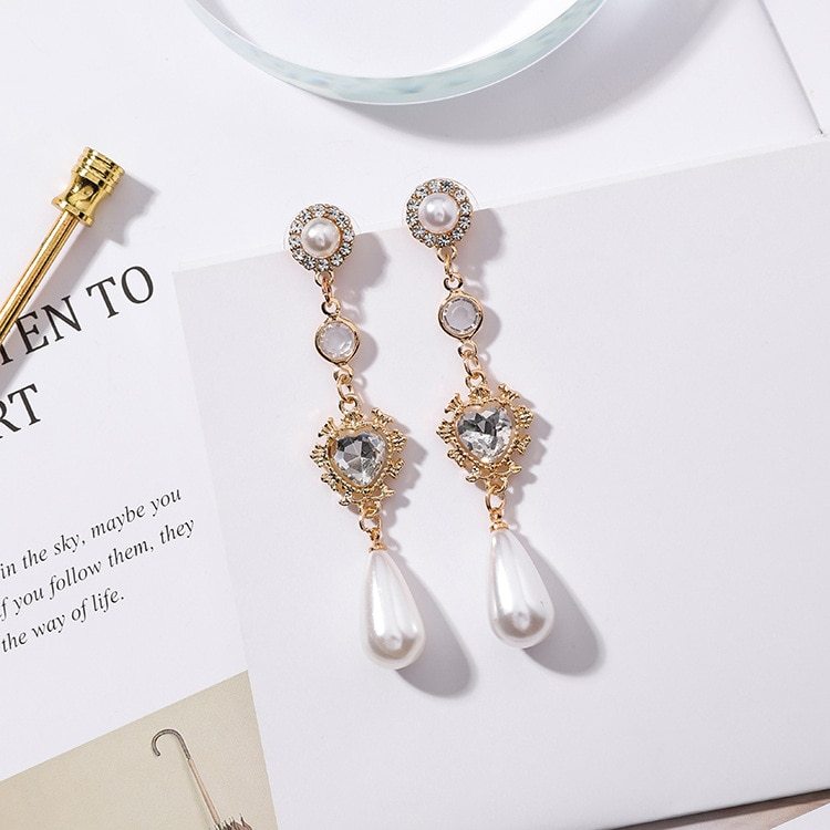 Pearl Earrings Love Rhinestones Long Earrings Women-Jewearrings