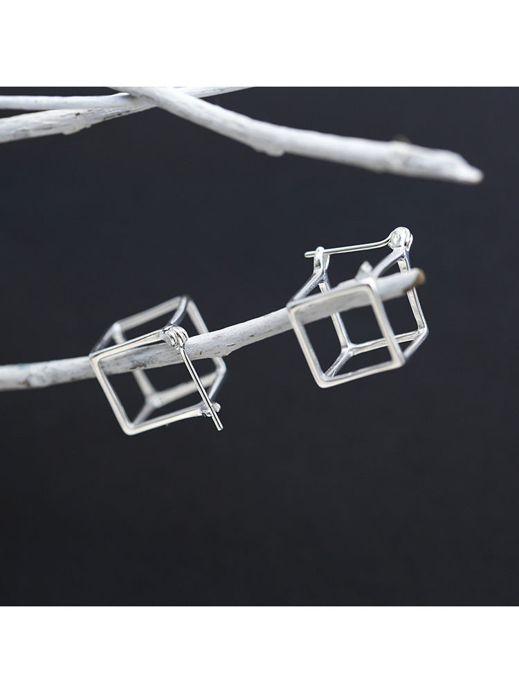 Cube Hollow Geometric Earrings Women's Trendy Sterling Silver-Jewearrings