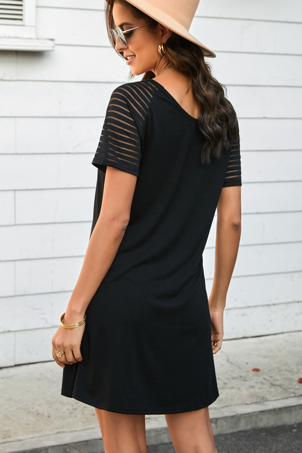 Sheer Striped Raglan Sleeve T-Shirt Dress-Jewearrings